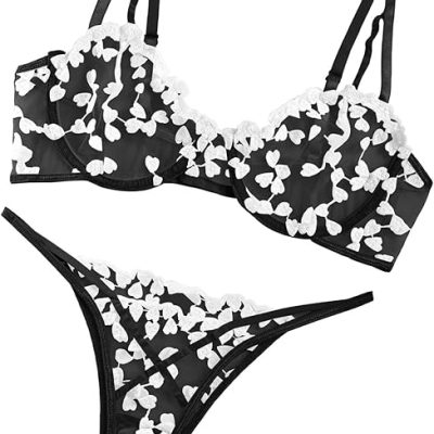 Lilosy Sexy Underwire Cute Push Up Strappy Embroidered Mesh Sheer Lingerie Set See Through Panty Bra