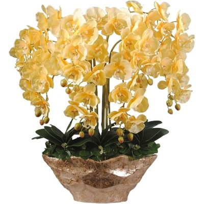 Artificial Flowers 10 Heads Yellow Orchids Large Artificial Flower with Golden Resin Vase Artificial Phalaenopsis Fake Flower Set for Living Room Dining Table Decor Artificial Plants