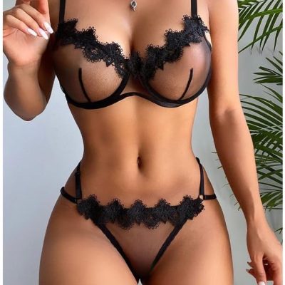 Satohom Sexy Lingerie Women's 2-Piece Chic Bra and G-String Lace Sleepwear Transparent Mesh Underwear Adjustable Straps Nightdress for Valentine's Day