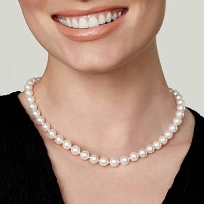 The Pearl Source 14K Gold 8.5-9.0mm Round Genuine White Japanese Akoya Saltwater Cultured Pearl Necklace in 17" Princess Length for Women Pearl Gifts for Christmas, Holidays and Anniversary
