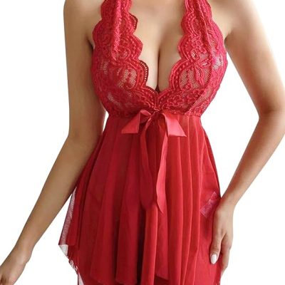 ZPLxi Women's Lingerie V Neck Lace Floral Bodysuit Spaghetti Strap Open Front Mesh Chemise Teddy Babydoll Nightwear Dress