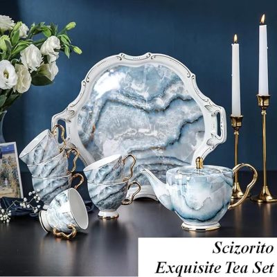 China Bone Porcelain Coffee Tea Set, Excellent Porcelain Tea Set, Retro Floral Tea Gift Set, Suitable as A Gift for Mother'S Day, Birthday, Christmas, and Gatherings (Sea Mist Blue)