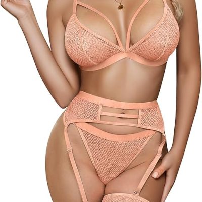 popiv Women Sexy Lingerie Strappy Lace Garter Lingerie Sets High Waisted Sheer Mesh Lingerie
