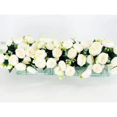 Modern Long White Rose Peony Arrangement, Artificial Faux Centerpiece Floral Flower Arrangement, Silk Flowers Glass Vase Home Decor (24 Inches)